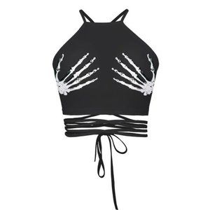 Sexy Crop Top, Tie Back, Black, Adjustable, Skeleton Hands, Stretch